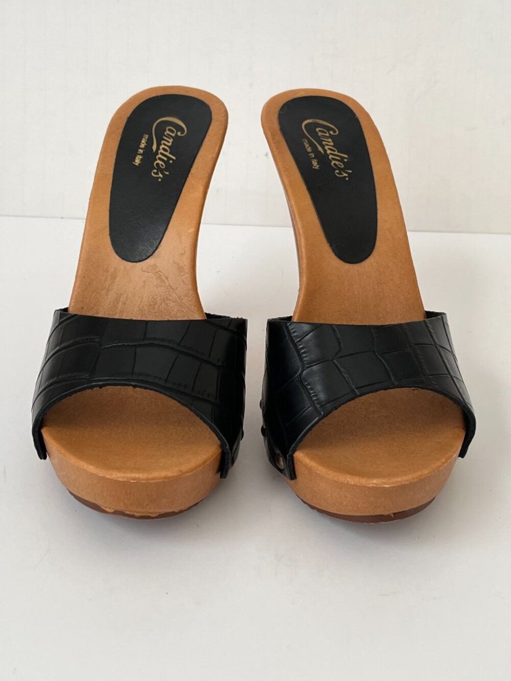 Candie's Alligator Print Black Leather Platform Heeled Slides Sandals Italy Sz 7